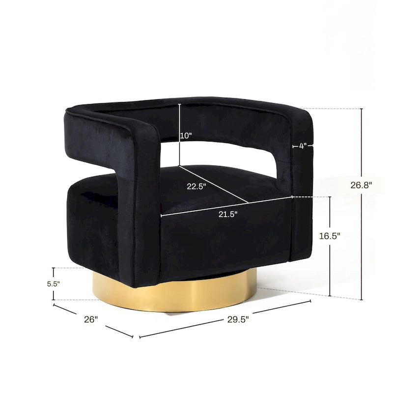 Poltrona girevole a 360° in velluto nero con schienale aperto e base dorata