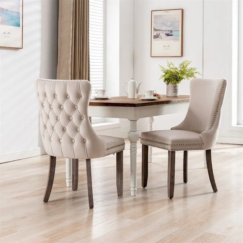 Sedie da Pranzo Mid-Century Moderne in Velluto con Dettagli Rivetti e Gambe in Legno, Set da 2