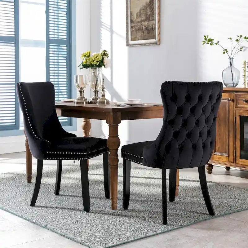Sedie da Pranzo Mid-Century Moderne in Velluto con Dettagli Rivetti e Gambe in Legno, Set da 2