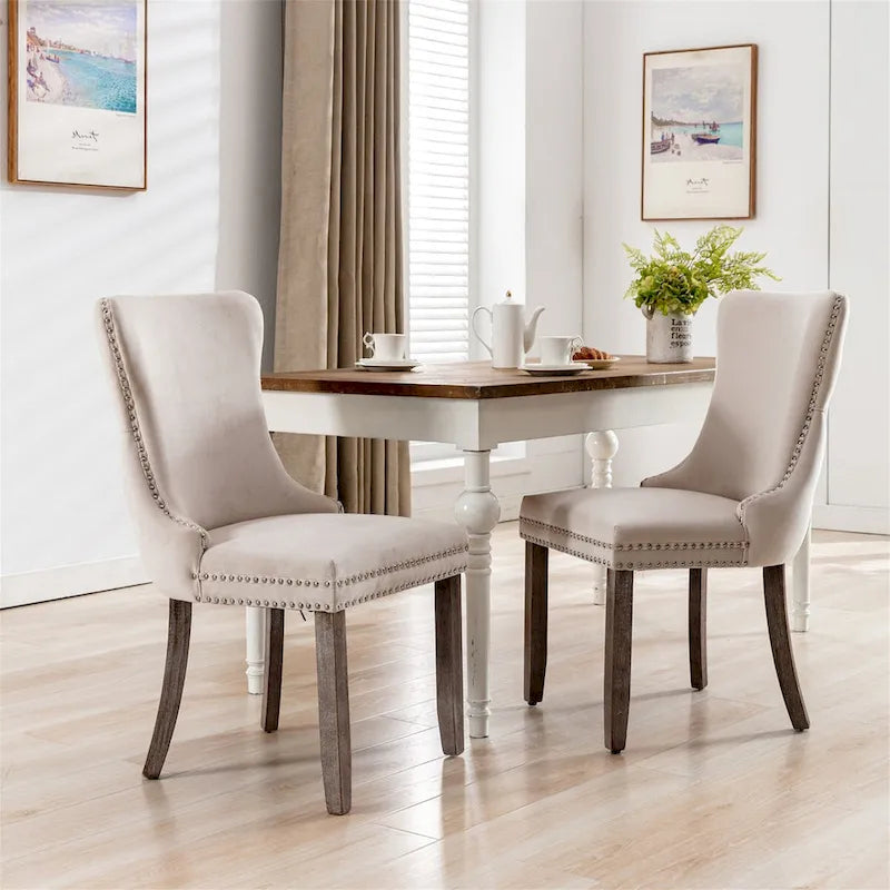 Sedie da Pranzo Mid-Century Moderne in Velluto con Dettagli Rivetti e Gambe in Legno, Set da 2