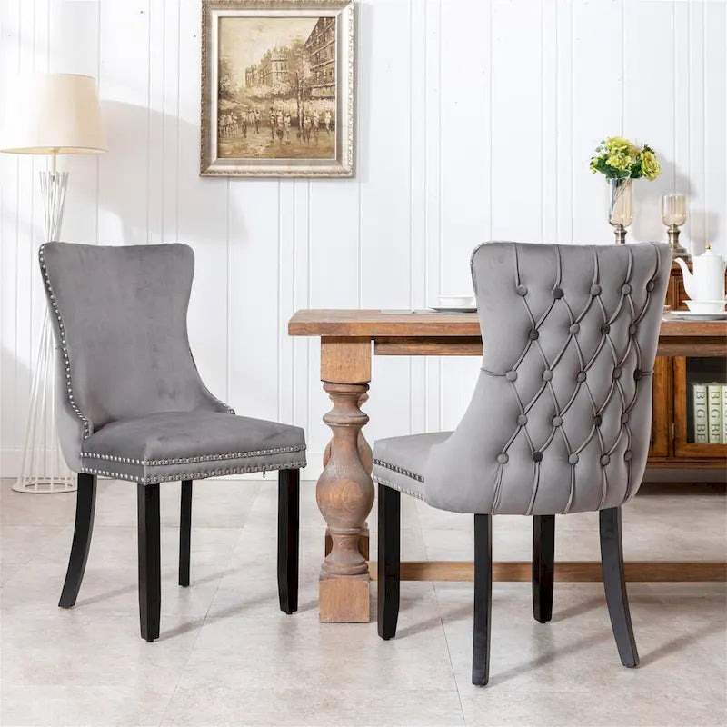 Sedie da Pranzo Mid-Century Moderne in Velluto con Dettagli Rivetti e Gambe in Legno, Set da 2