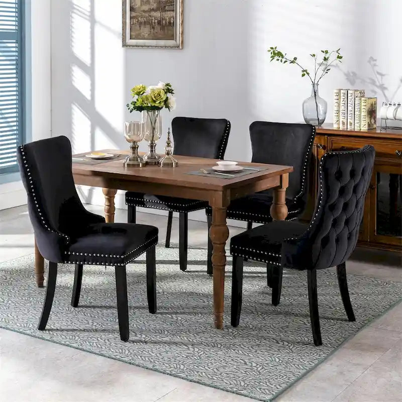 Sedie da Pranzo Mid-Century Moderne in Velluto con Dettagli Rivetti e Gambe in Legno, Set da 2