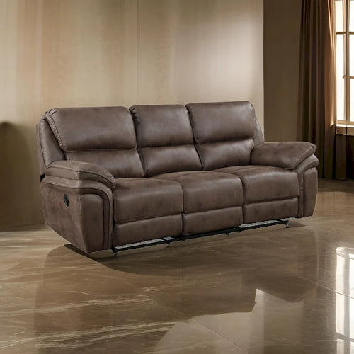 Tony 90 Inch Double Manual Recliner Sofa, Brown Microfiber, Solid Wood