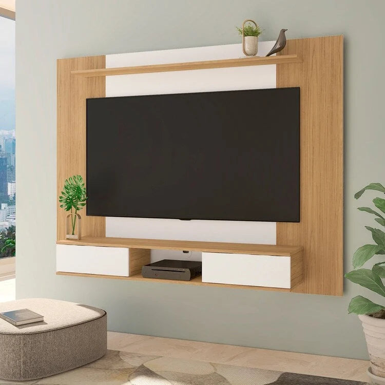 Mobile TV sospeso con mensole portaoggetti e ante scorrevoli, adatto per TV fino a 70 pollici