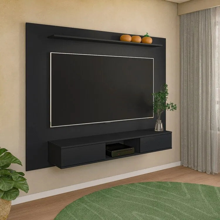 Mobile TV sospeso con mensole portaoggetti e ante scorrevoli, adatto per TV fino a 70 pollici