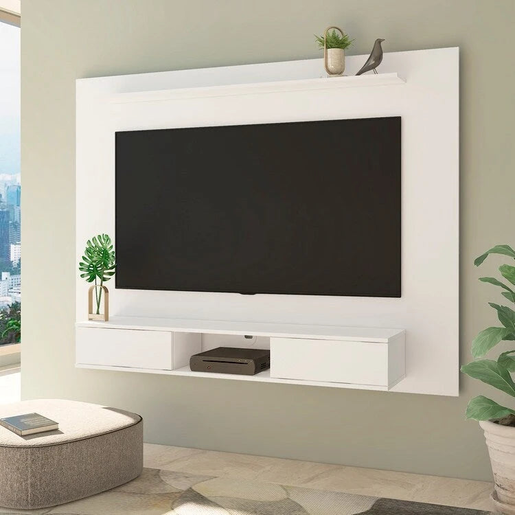 Mobile TV sospeso con mensole portaoggetti e ante scorrevoli, adatto per TV fino a 70 pollici