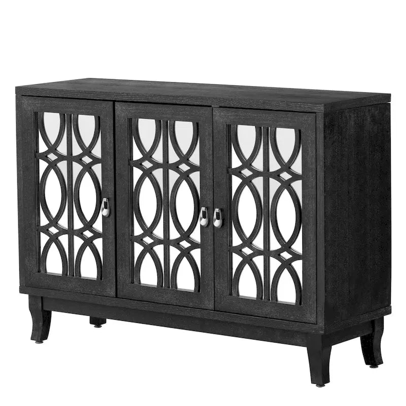 Sideboard Buffet Cabinet with 3 Mirrored Glass Doors and Silver Handle - 47.2L x 15.6W x 33.9H
