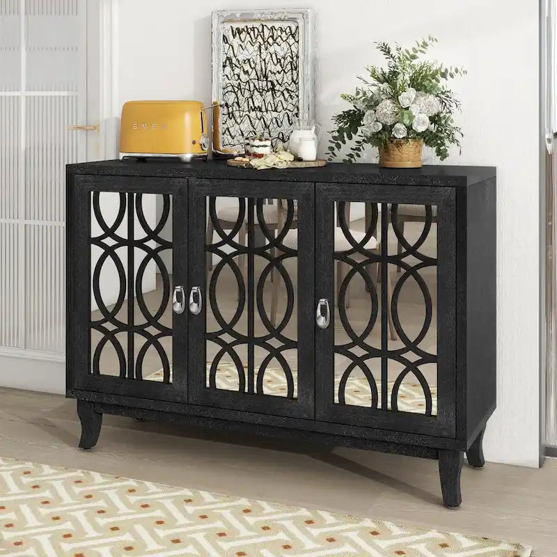 Credenza a specchio retrò con 3 ante in vetro e ripiani regolabili, 120 cm di lunghezza