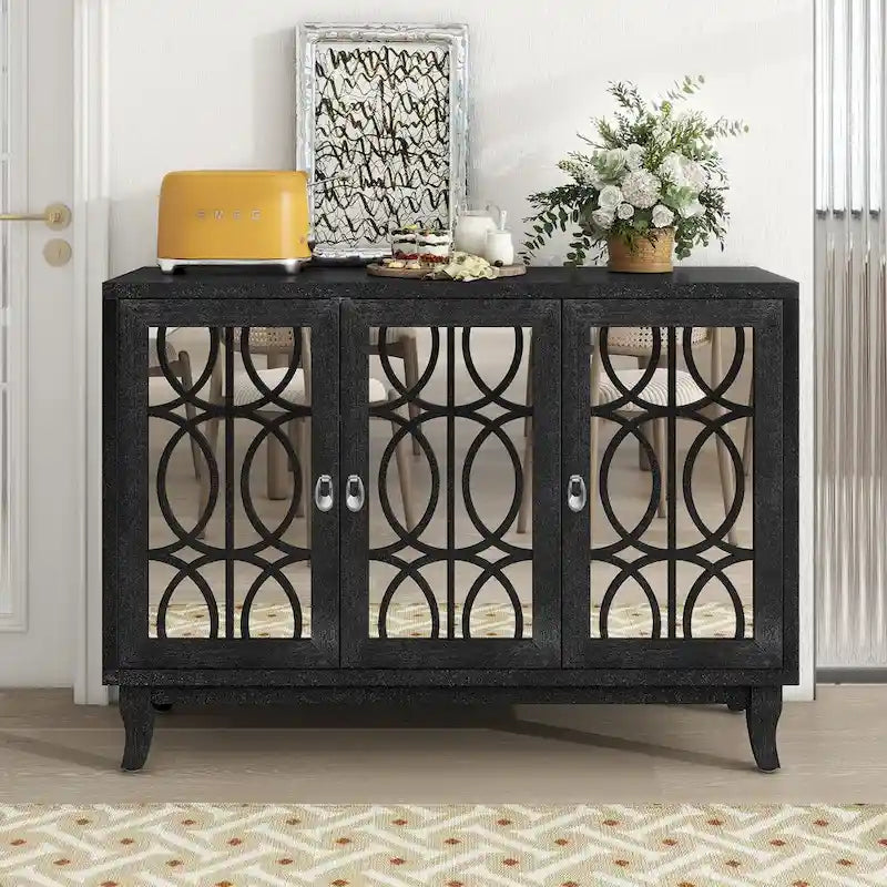 Credenza a specchio retrò con 3 ante in vetro e ripiani regolabili, 120 cm di lunghezza
