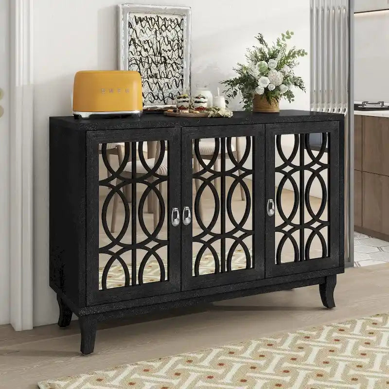 Credenza a specchio retrò con 3 ante in vetro e ripiani regolabili, 120 cm di lunghezza