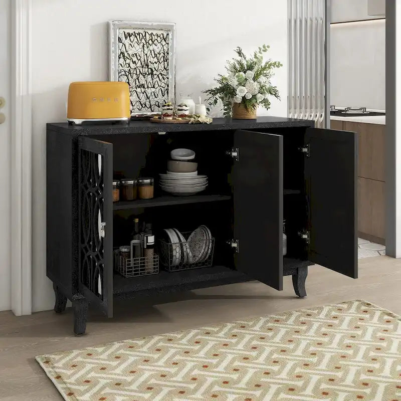 Credenza a specchio retrò con 3 ante in vetro e ripiani regolabili, 120 cm di lunghezza