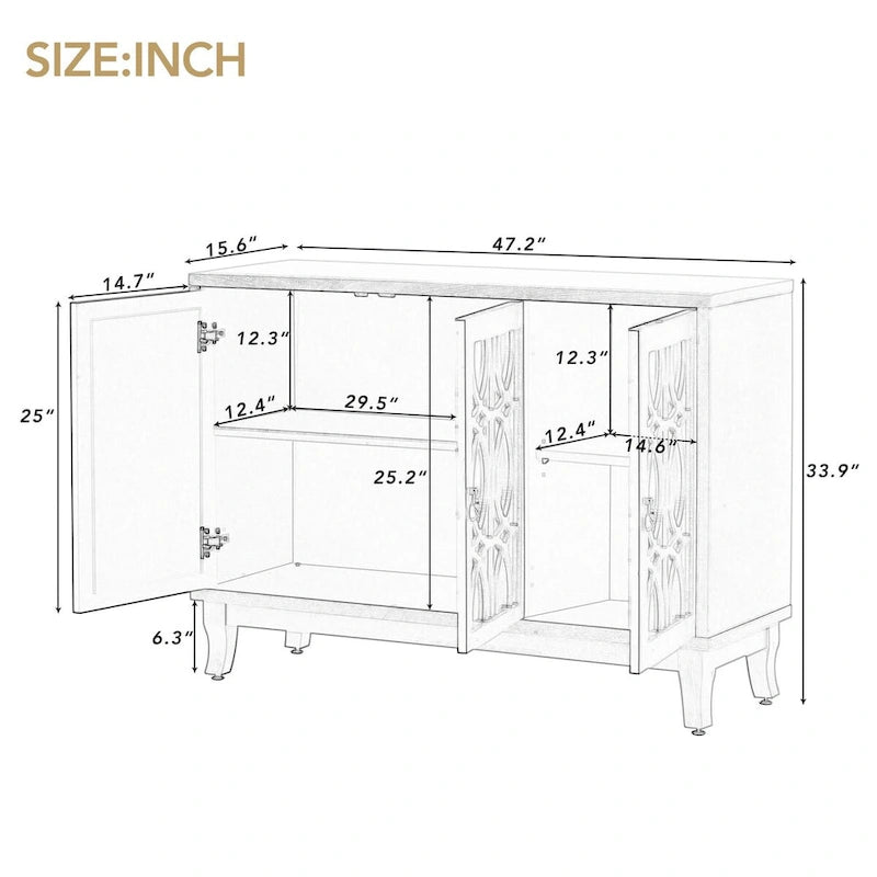 Credenza a specchio retrò con 3 ante in vetro e ripiani regolabili, 120 cm di lunghezza