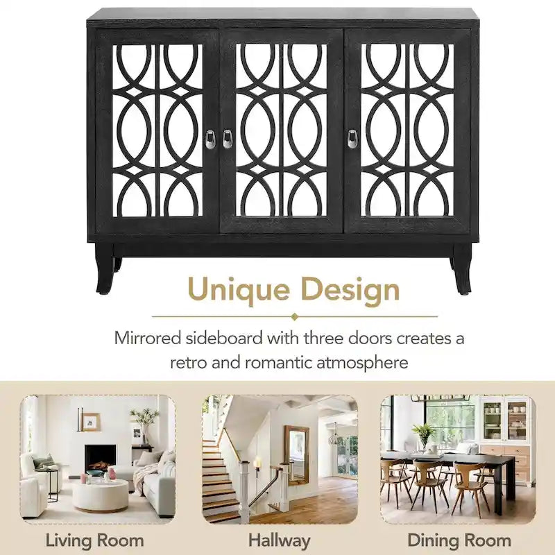 Credenza a specchio retrò con 3 ante in vetro e ripiani regolabili, 120 cm di lunghezza