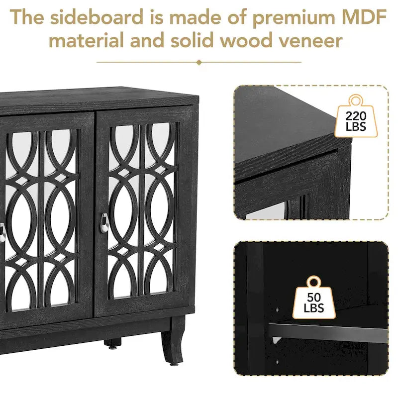 Credenza a specchio retrò con 3 ante in vetro e ripiani regolabili, 120 cm di lunghezza
