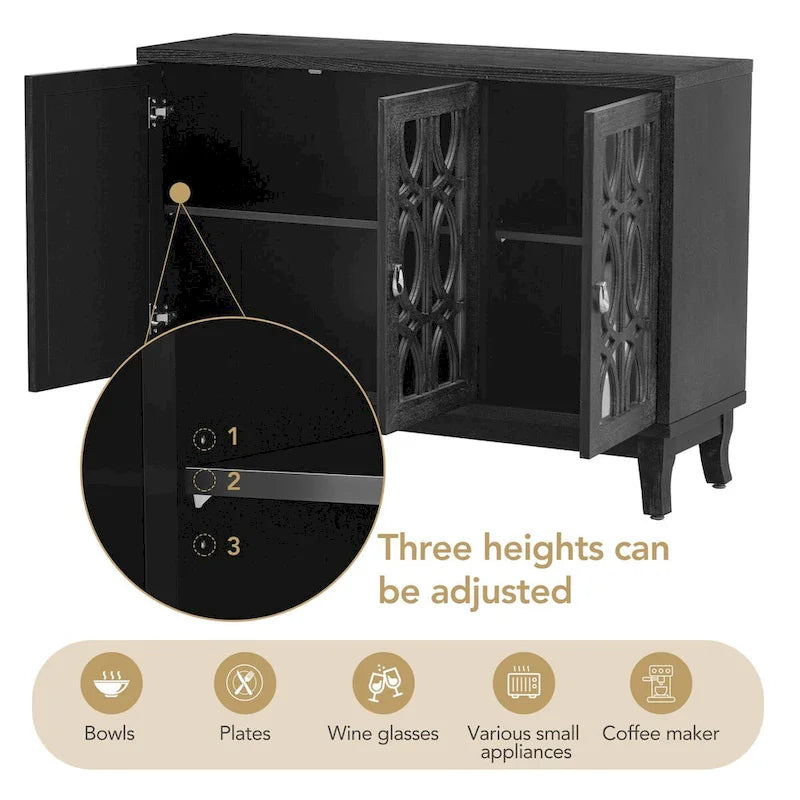 Credenza a specchio retrò con 3 ante in vetro e ripiani regolabili, 120 cm di lunghezza