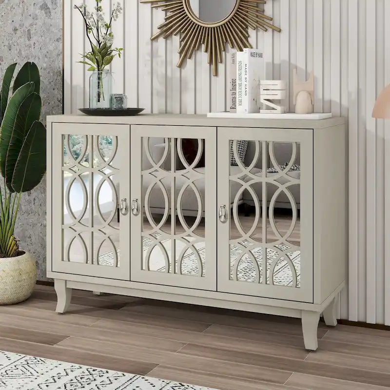 Credenza a specchio retrò con 3 ante in vetro e ripiani regolabili, 120 cm di lunghezza