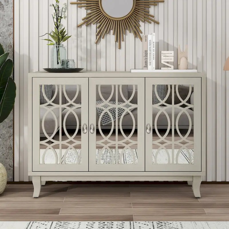 Credenza a specchio retrò con 3 ante in vetro e ripiani regolabili, 120 cm di lunghezza