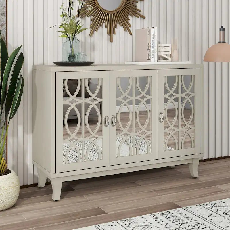 Credenza a specchio retrò con 3 ante in vetro e ripiani regolabili, 120 cm di lunghezza