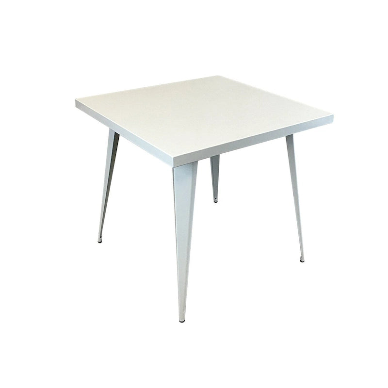 Tavolo da pranzo quadrato con piano in metallo e gambe in metallo